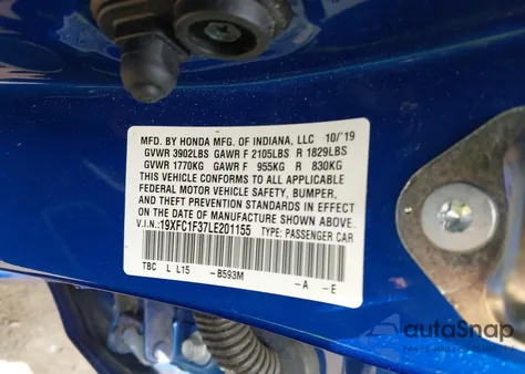 2020 Honda Civic Ex z USA, uszkodzony, nr VIN 19XFC1F37LE201155